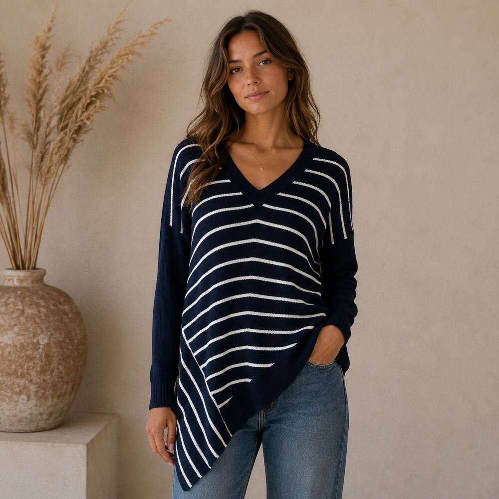 W by Worth Black & White V Neck Asymmetrical Linen Blend  Sweater P